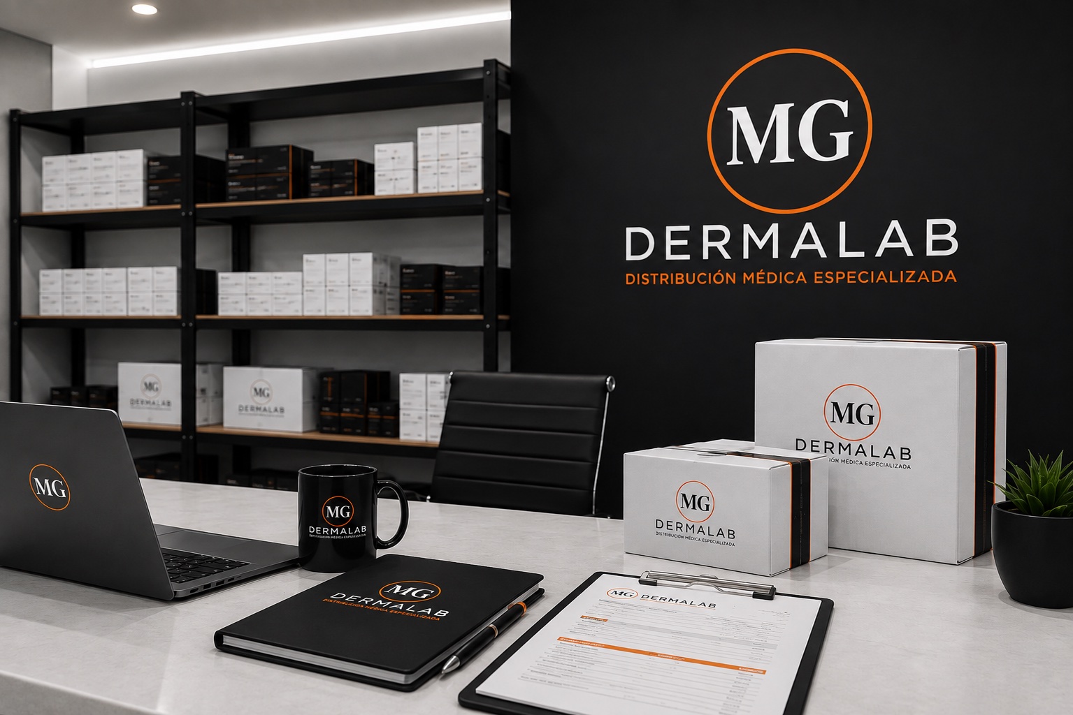 Oficina de MG Dermalab con empaque premium y distribución médica especializada