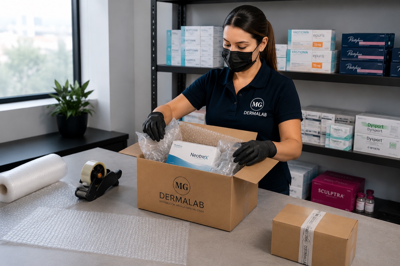 Profesional de MG Dermalab abriendo una caja con producto protegido